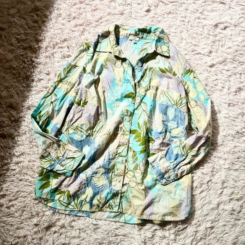 Tropical Pastel Botanical Resort Vacation Beachy Button Down Top womens 1X
